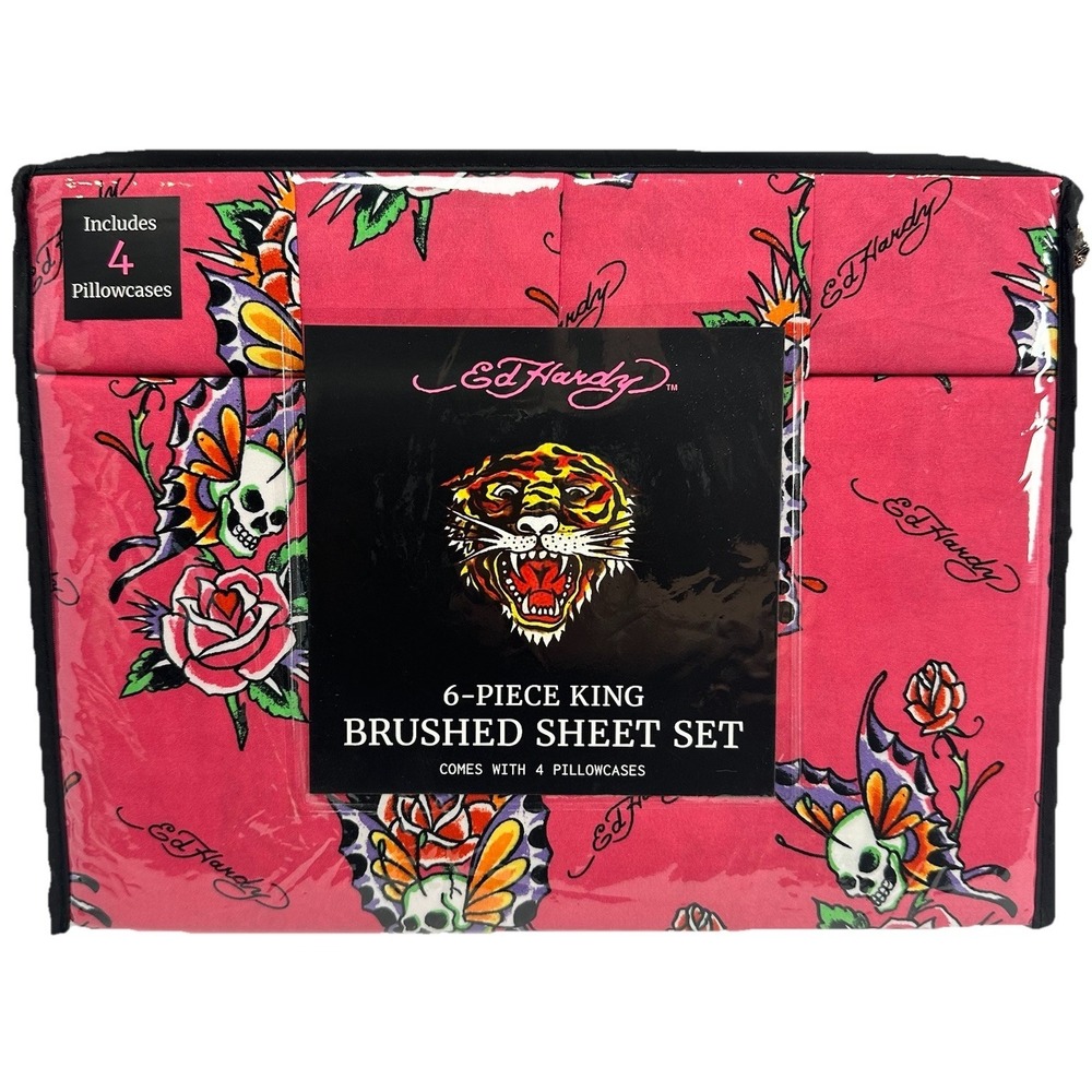 Ed Hardy King Size 6-Piece Sheet Set Pink‎ Skull Rose Tattoo Print 4 Pillowcases